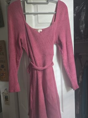 Women's Ribbed Long Sleeve Belted Dress - Rose